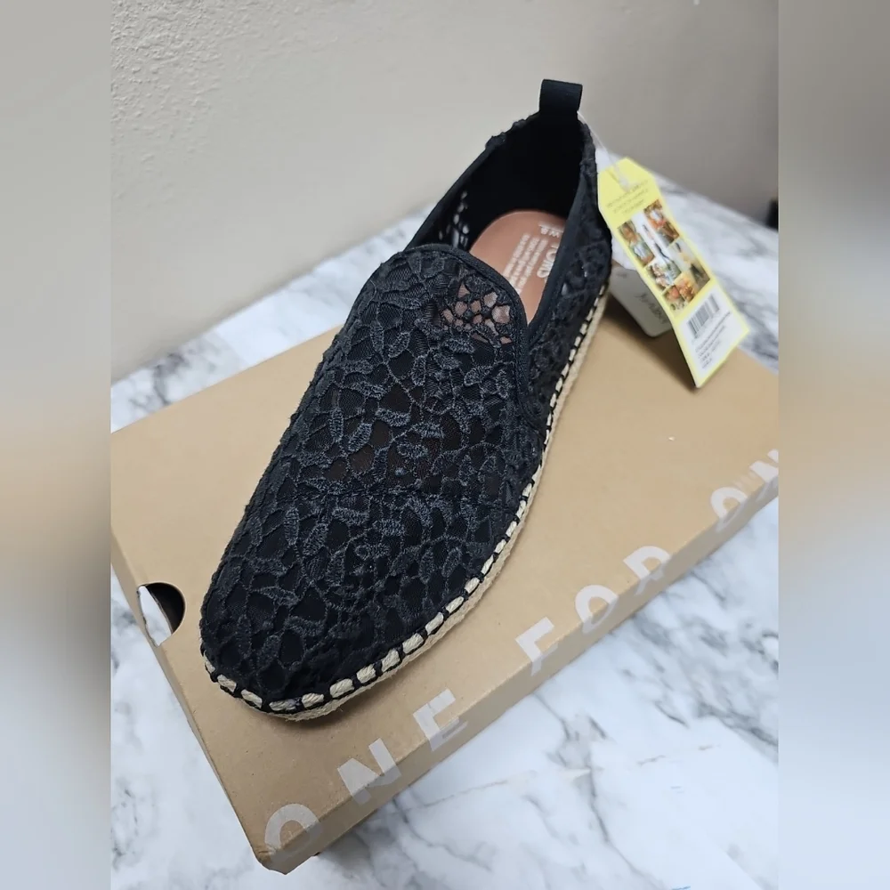 Toms  Black Shoes Lace Fabric Espadrilles Flats slip ons 398 Womens US size 8 - Picture 2 of 5
